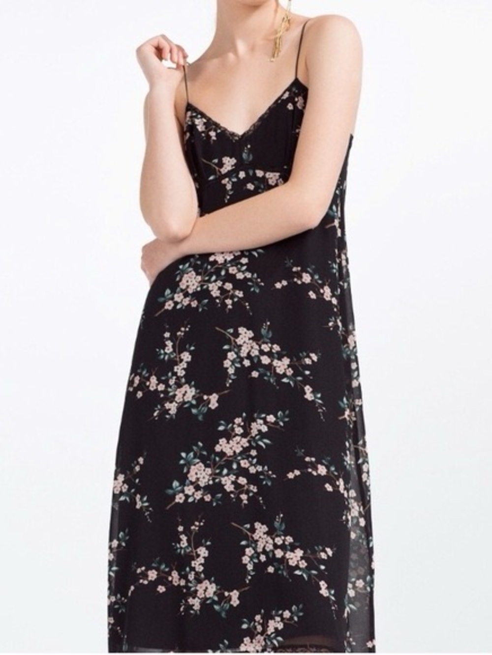 Zara Black Floral Midi Slip Dress